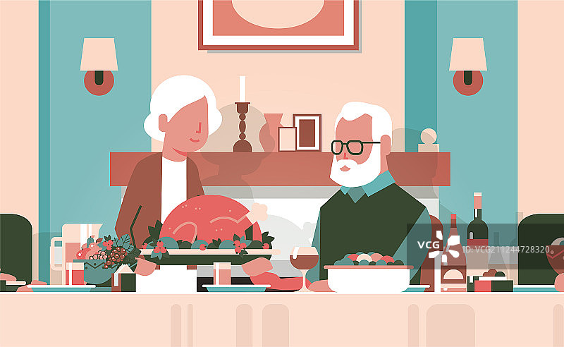 老兩口圍坐餐桌，感恩節快樂圖片素材