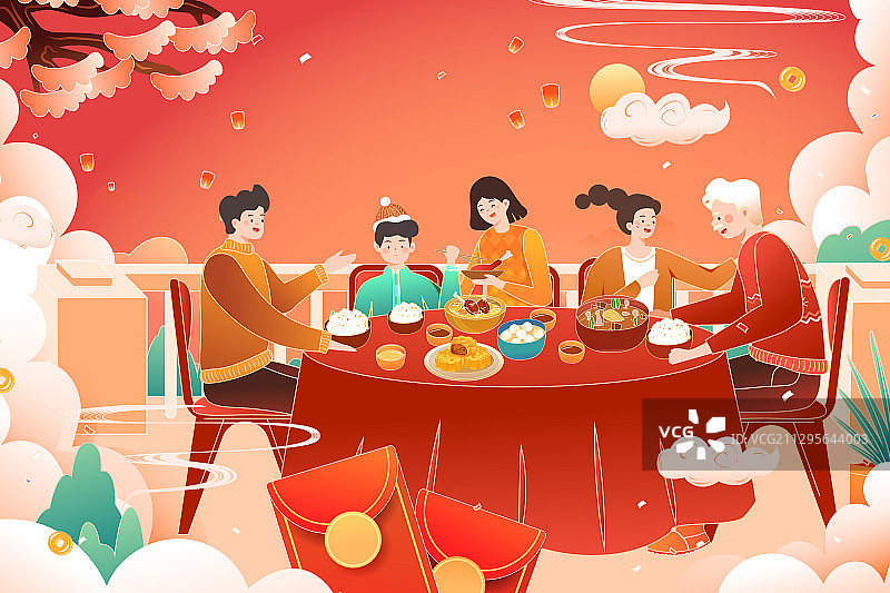 卡通中秋節家人團圓朋友吃飯聚餐美食電商中國風矢量插畫圖片素材