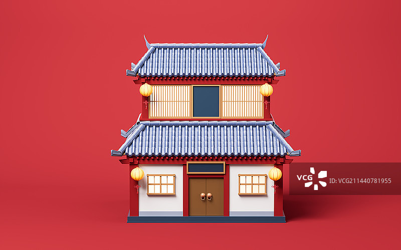 中国风复古古楼建筑3D渲染图片素材