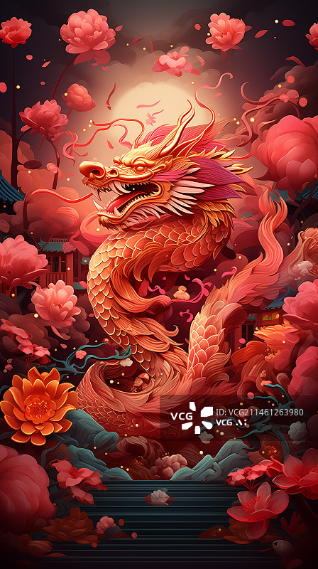 【AI数字艺术】一条红色的中国龙盘旋在云朵和鲜花之中图片素材