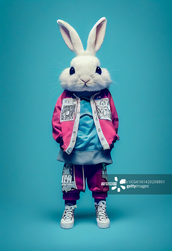 擬人化的兔子作為街頭時尚工作室的肖像圖片素材