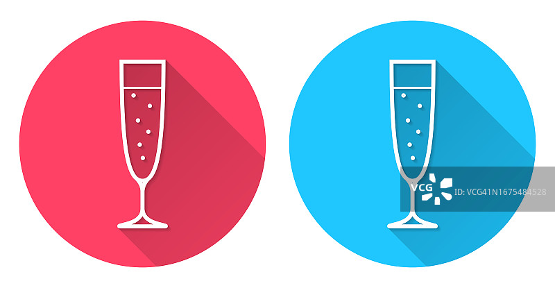 一杯香槟。圆形图标与长阴影在红色或蓝色的背景图片素材