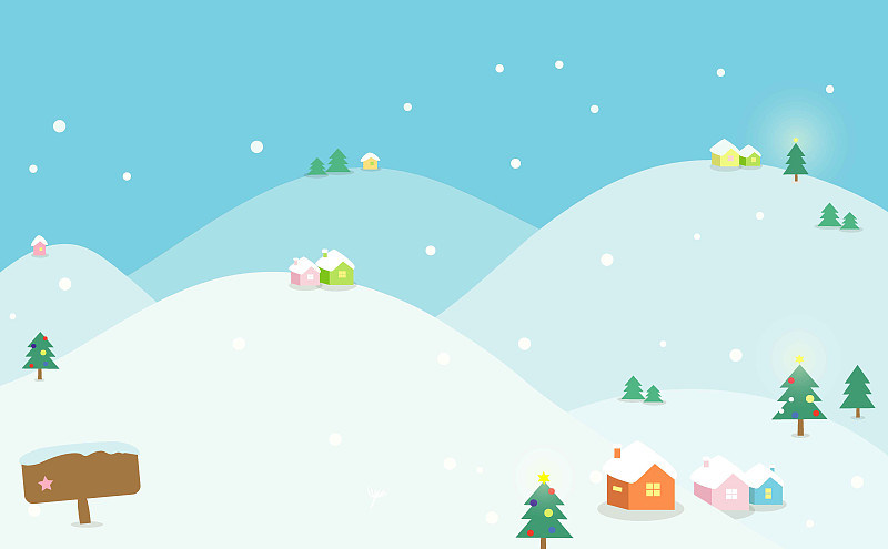 矢量插畫：圣誕背景墻海報元素雪夜中的山頂小村圖片