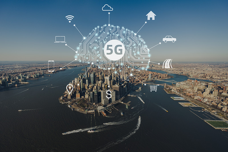 曼哈頓市中心鳥瞰圖和5G概念，紐約市圖片素材