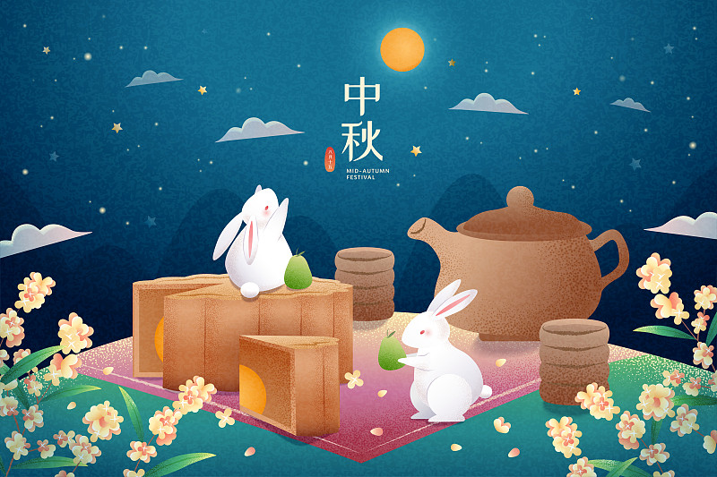 中秋野餐玉兔插圖圖片素材