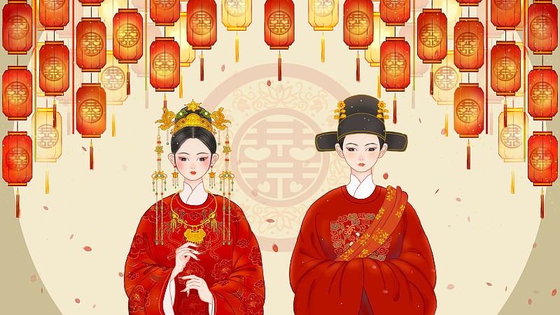 新郎新娘中式婚礼中国风手绘插画下载
