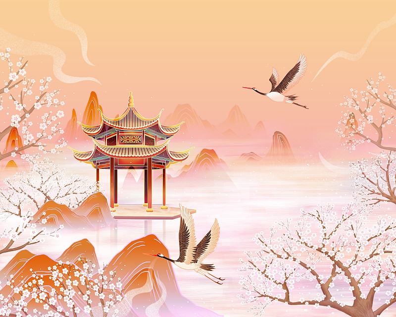中國風山水櫻花園林手繪插畫海報背景圖片