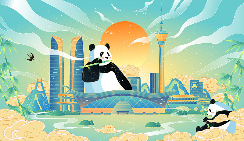 成都熊貓建筑群插畫圖片