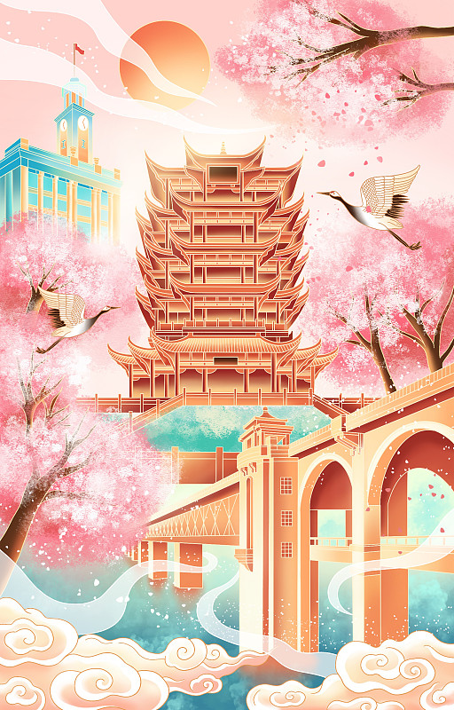 武漢城市櫻花景象圖片素材