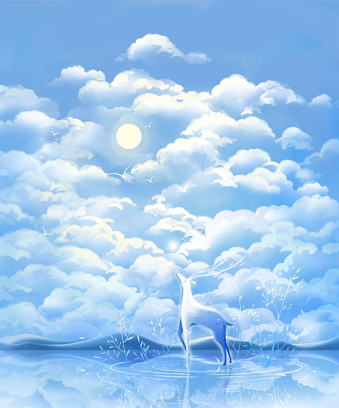 站在冰面上仰望太陽的白鹿搭配藍天云海背景，唯美插畫圖片