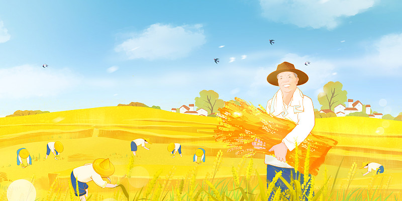 秋天二十四節氣處暑秋分農民豐收節人物插畫圖片