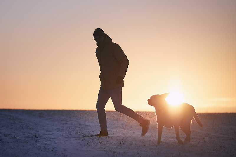 日出時，男人帶著狗在雪中奔跑圖片下載