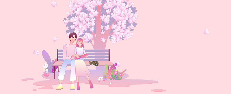 粉色情侶在櫻花樹下在長椅上一起看書橫板圖片下載