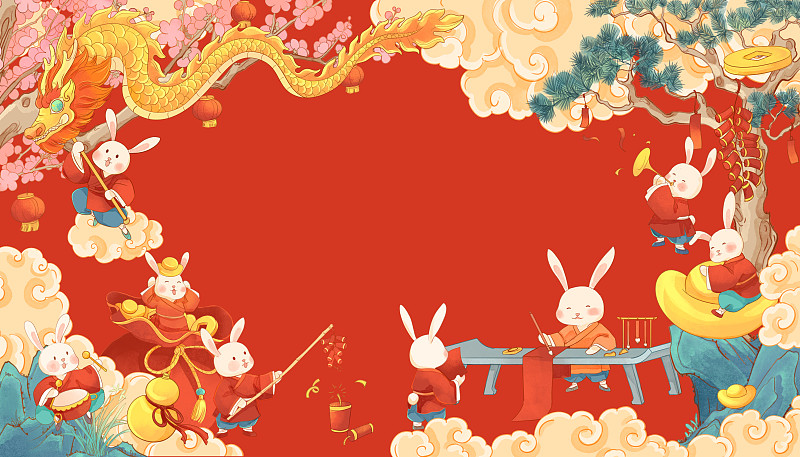 兔年春節兔子喜迎春節國潮插畫圖片