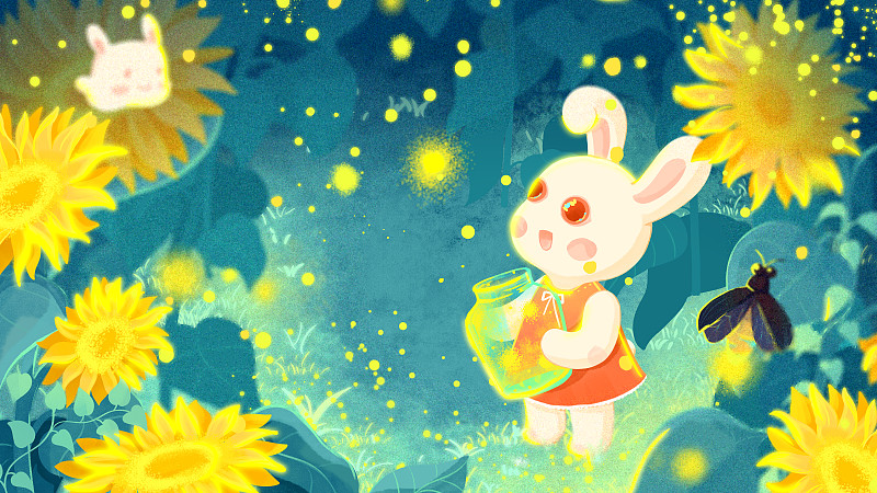 兔年八月夜晚向日葵螢火蟲小兔子系列插畫圖片
