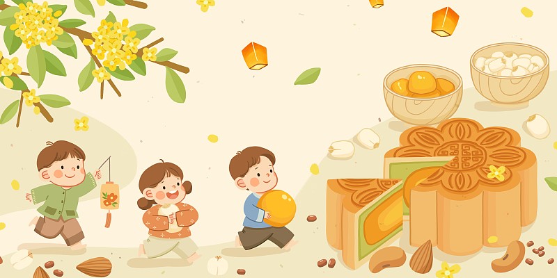 手繪傳統中秋歡樂兒童和桂花月餅圖片素材