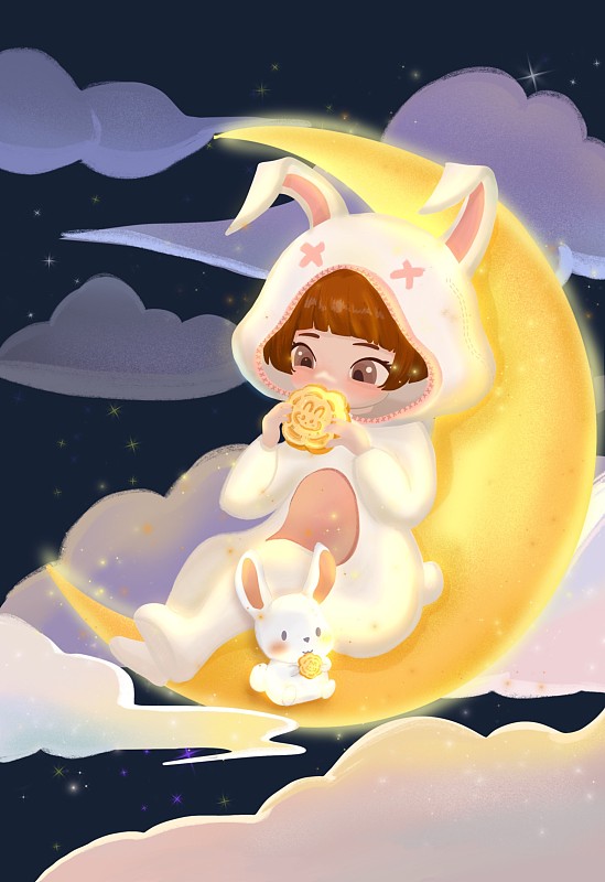 兔女孩在月亮上吃月餅圖片素材