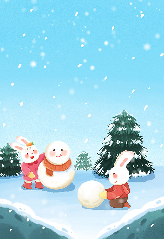 冬天兩只兔子堆雪人插畫下載