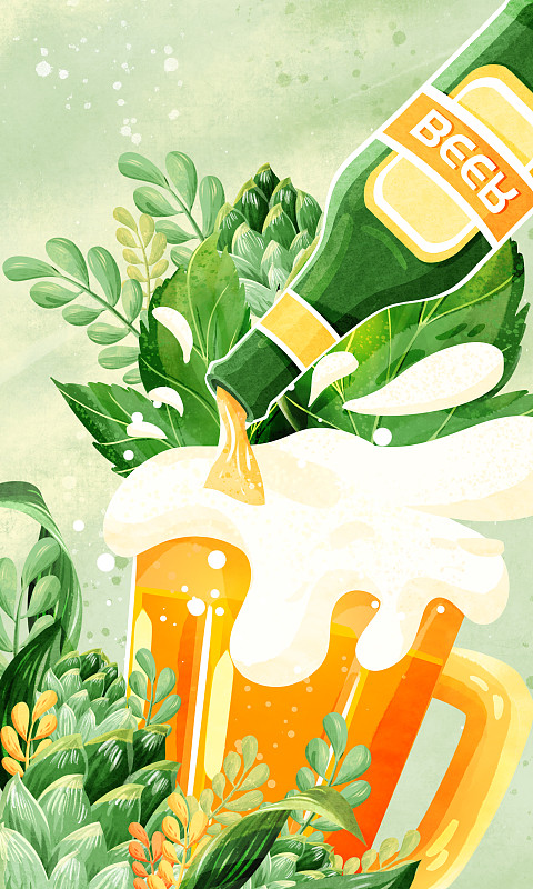 夏天啤酒杯啤酒瓶啤酒花綠色熱鬧暢飲啤酒節豎版插畫下載