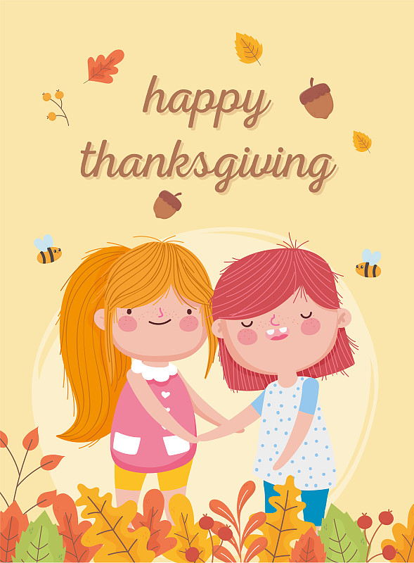 感恩節快樂，可愛的小女孩，橡子，蜜蜂，落葉圖片素材