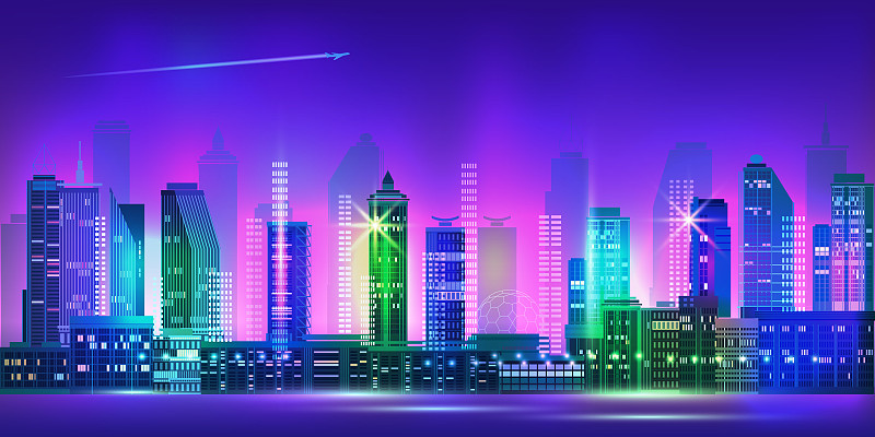 霓虹閃爍的城市夜景。矢量插圖。圖片素材