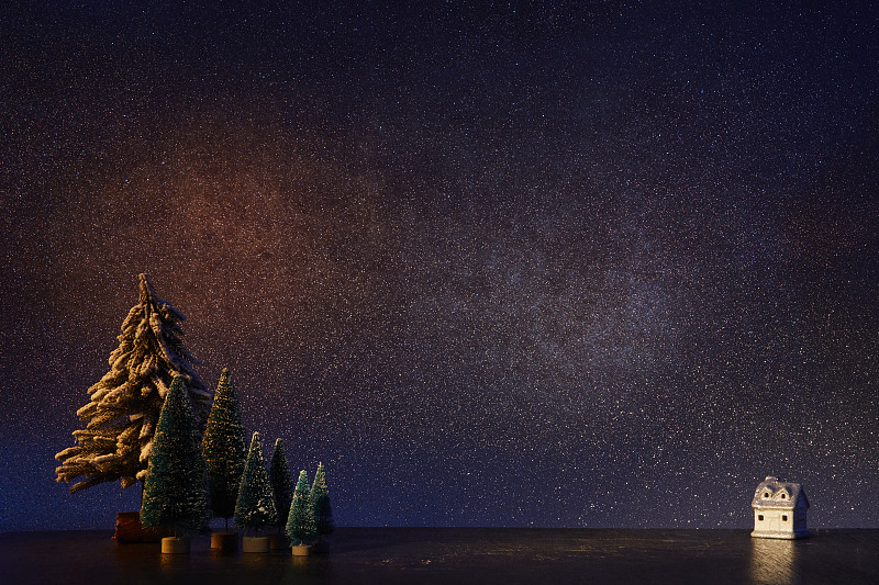 在夜晚的星光下有樹的鎮上的房子。裝飾,圣誕節,圖片素材