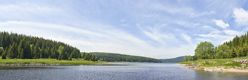 平靜的湖泊和周圍的森林全景攝影圖片