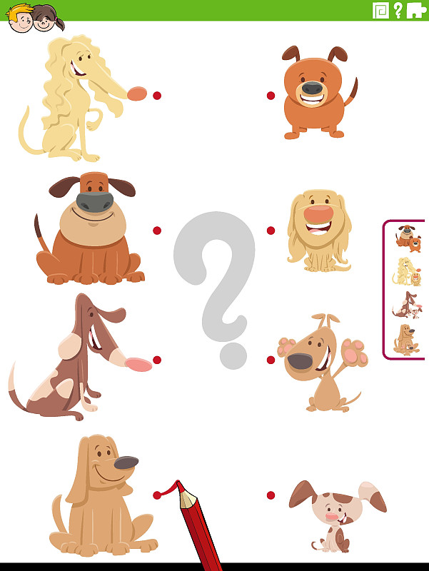 配對卡通狗狗及其寶寶的教育游戲插畫圖片