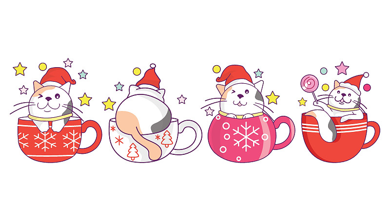 收集可愛的貓在圣誕飲料杯，咖啡或茶涂鴉卡通風格。插畫圖片