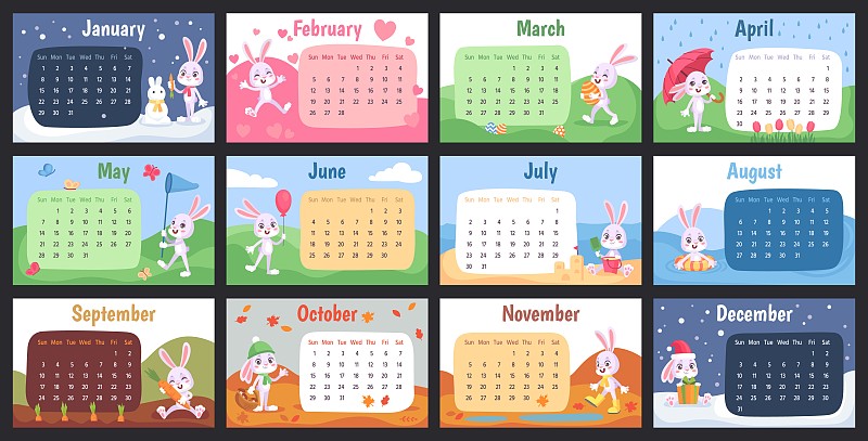 兔子掛歷。中國2023年兔月計劃為家庭設計，兒童禮物海報與月生日有趣的卡通可愛的動物，巧妙的卡片矢量插畫插畫圖片