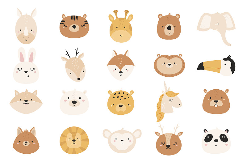 一套手繪動物熊，兔子，獨角獸，熊，獅子插畫圖片