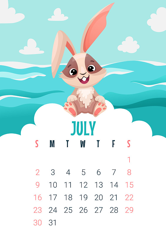 彩色兔日歷2023。七月日歷頁與小可愛的快樂兔子打印或計劃設計。矢量卡通模板插圖插畫圖片
