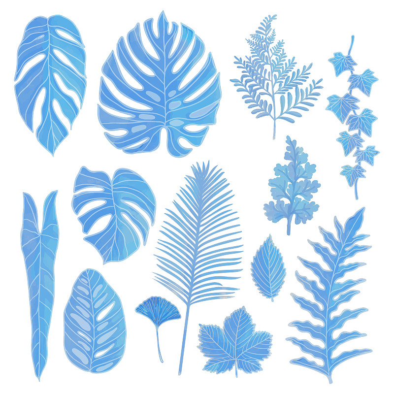 一套水彩樹葉，藍色樹葉剪貼畫插畫圖片