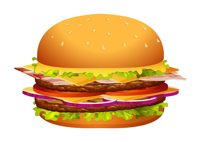 芝士漢堡配紅番茄沙拉，牛肉洋蔥和醬汁，近景孤立在白色背景上?？觳褪称窛h堡包插畫圖片