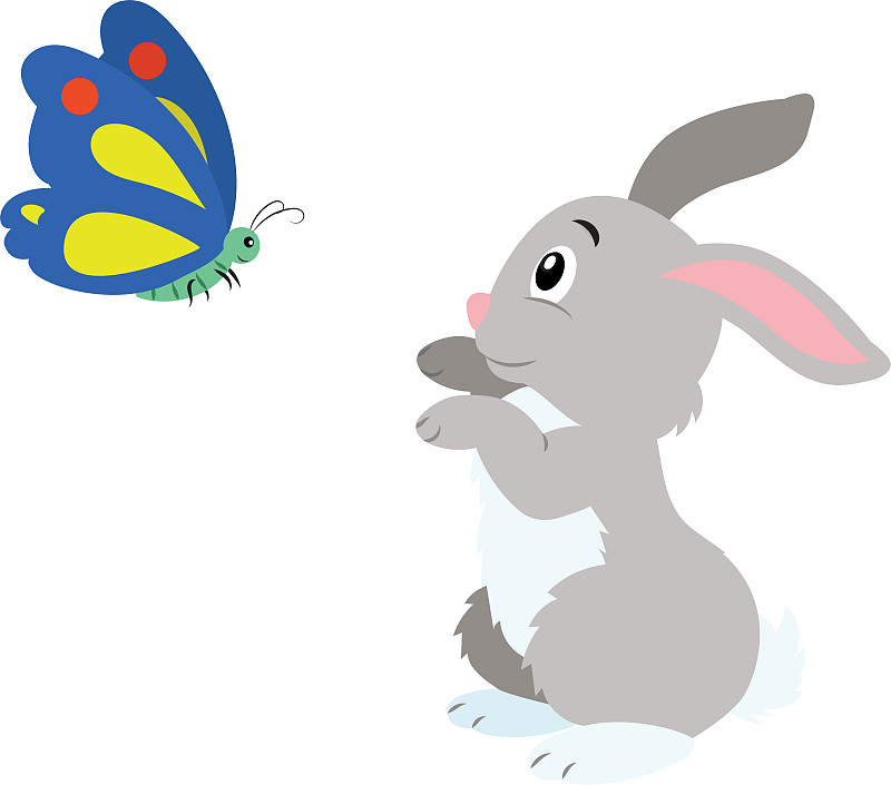 卡通兔子正在和一只蝴蝶玩插畫圖片