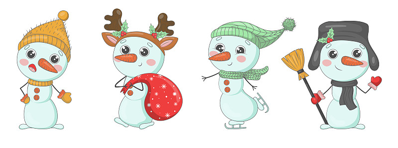 一束可愛的卡通雪人針織帽子和圍巾與圣誕禮物，雪花，冬青，打扮成新年的人物插畫圖片