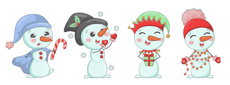 一束可愛的卡通雪人針織帽子和圍巾與圣誕禮物，雪花，冬青，打扮成新年的人物插畫圖片