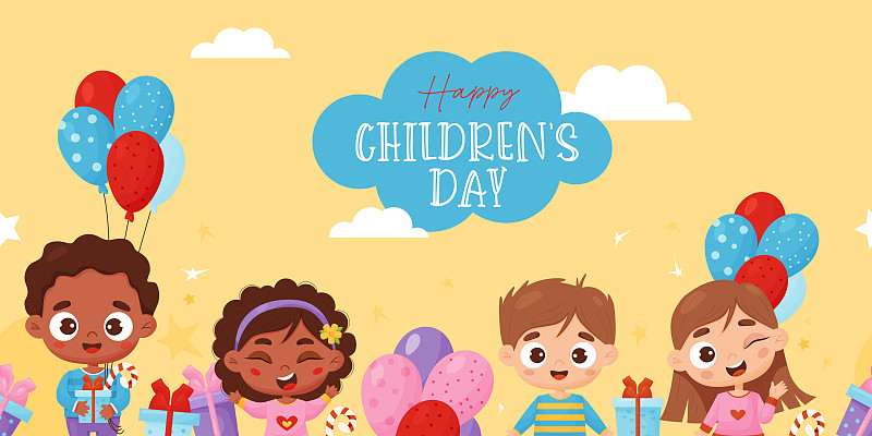 快樂的兒童的一天。無縫邊界與可愛的卡通孩子。黑色和白色的男孩和女孩，黃色背景的禮物和氣球。矢量插圖。橫向橫幅模板設計。插畫圖片