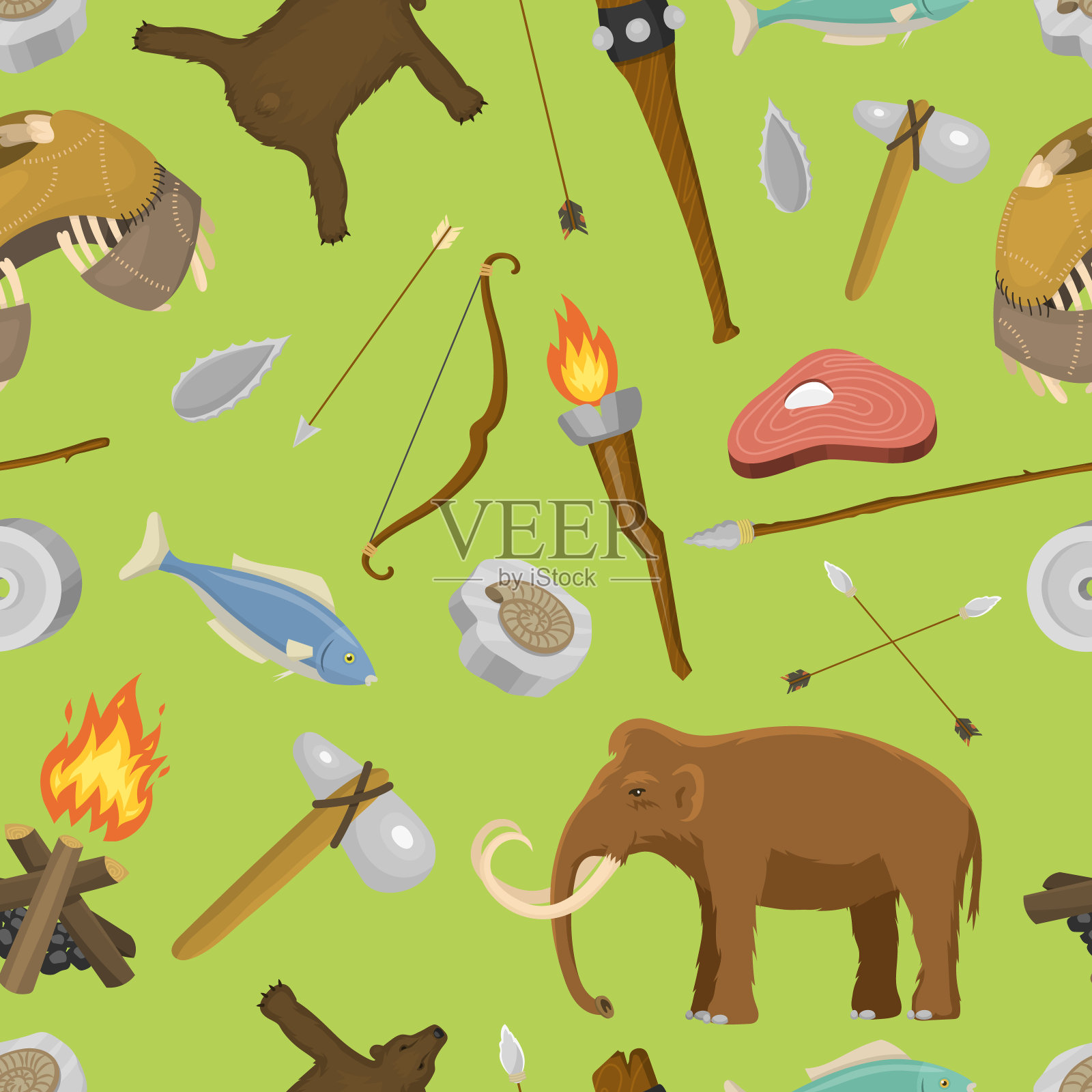 石器时代土著原始历史狩猎原始石器穴居人人武器和房子生活符号矢量插图无缝图案背景插画图片素材