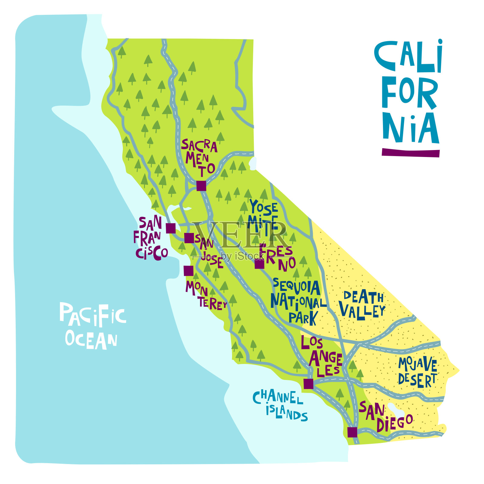 美国加利福尼亚州地图，带有地标插画图片素材