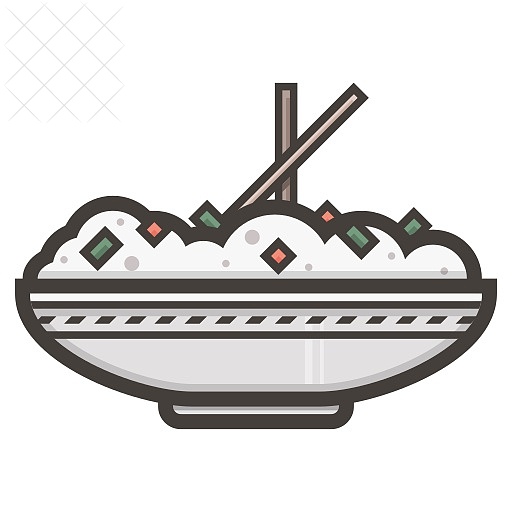 Rice, bowl, chopsticks, food icon.