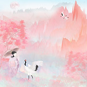日本和服女子郊游山水间，仙鹤飞舞图片素材
