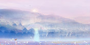 早晨日出时分古装少女在山脚下户外旅游看风景中国风山水插画背景图片素材