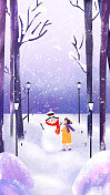 插画冬天季节下雪堆雪人女孩树木户外积雪寒冷图片素材