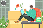 卡通手绘男子在家办公工作插画图片素材