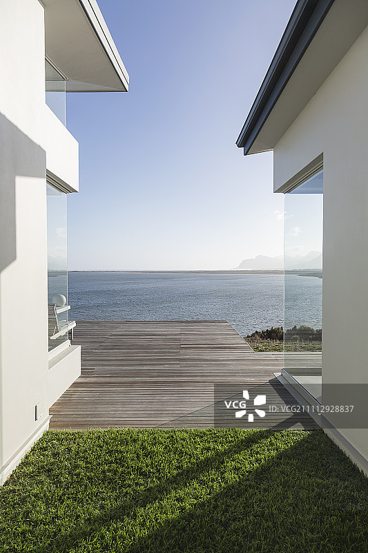 现代家庭展示的外部庭院阳光明媚，宁静的海景图片素材