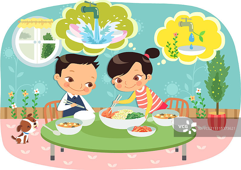 男孩和女孩坐在桌子前拿着大碗里的配菜图片素材