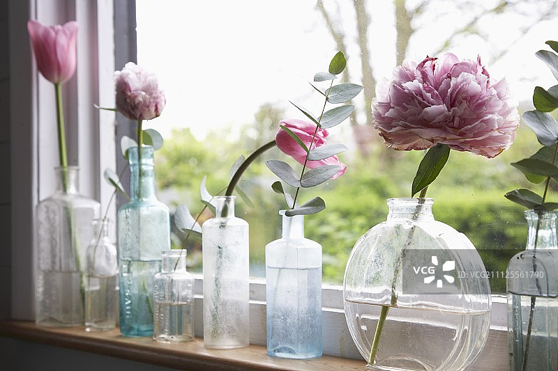 精致的粉红色郁金香和牡丹装在狭窄的窗台上的各种玻璃器皿里图片素材