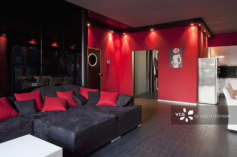 沙发组合对抗黑暗，反射墙和红色墙壁与天花板射灯阁楼公寓图片素材