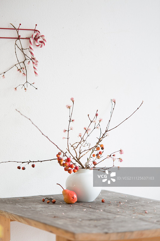 衣帽架上挂着拐杖糖，前面的木桌上放着插在花瓶里的山楂枝和梨子图片素材